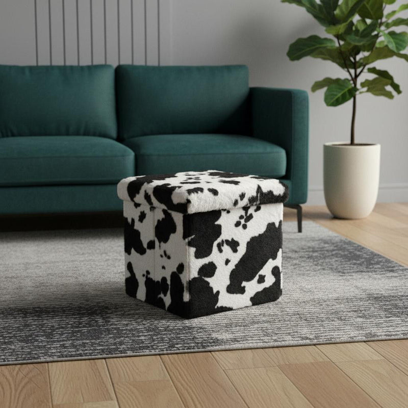 12" Plastic Cow Print Storage Ottoman - White / Black