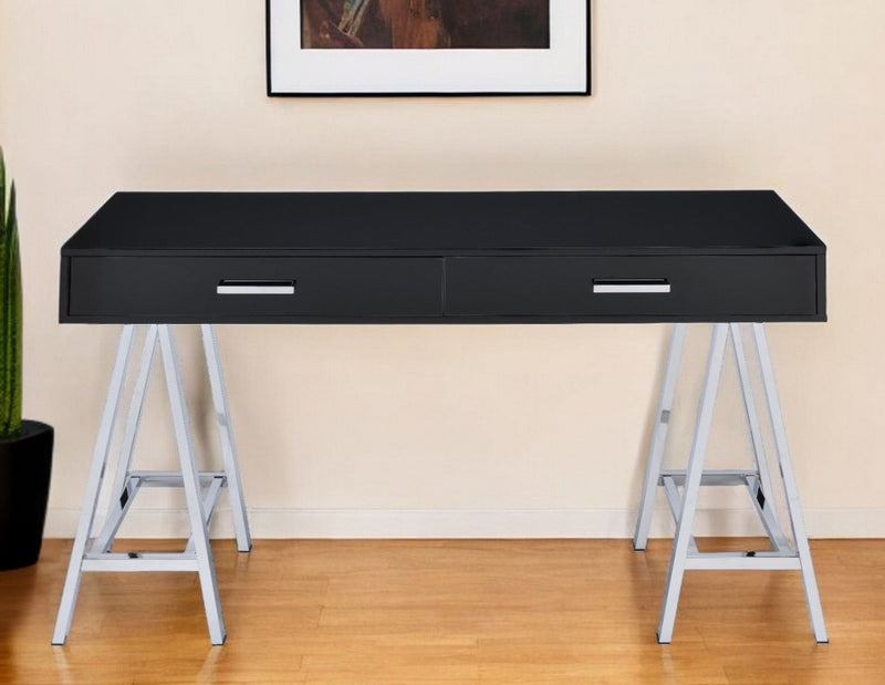 54" Writing Desk With Two Drawers - Black And Silver
