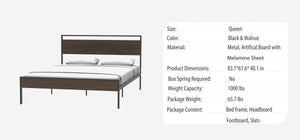 Ceres Metal Bed, Black with Walnut Wood Headboard&Footboard, Queen