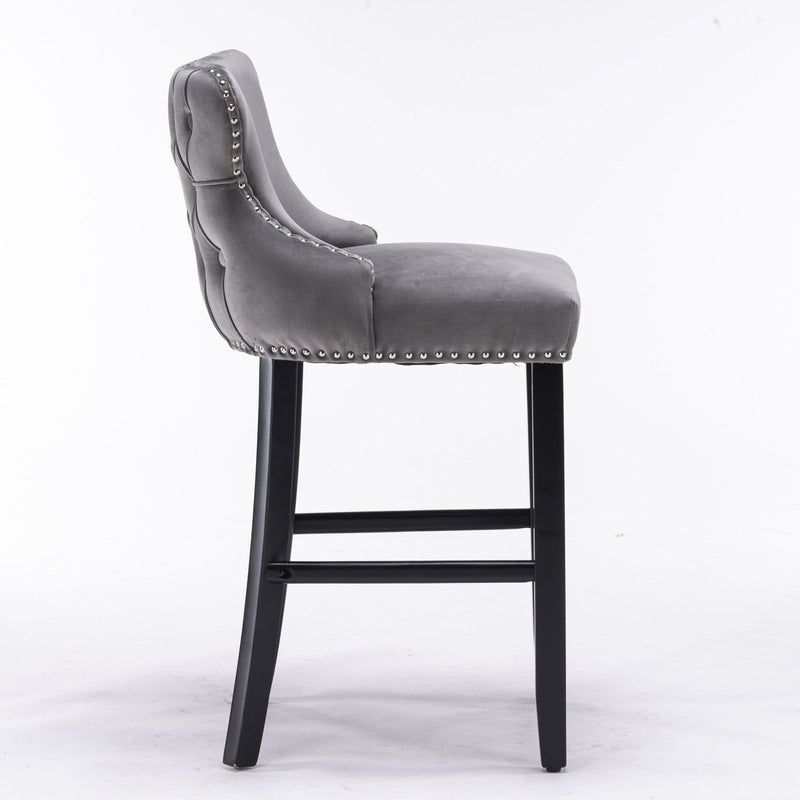 Contemporary Upholstered Wing-Back Barstools With Button Tufted Decoration And Wooden Legs, And Nailhead Trim, Leisure Style Bar Chairs, Bar Stools (Set of 2)
