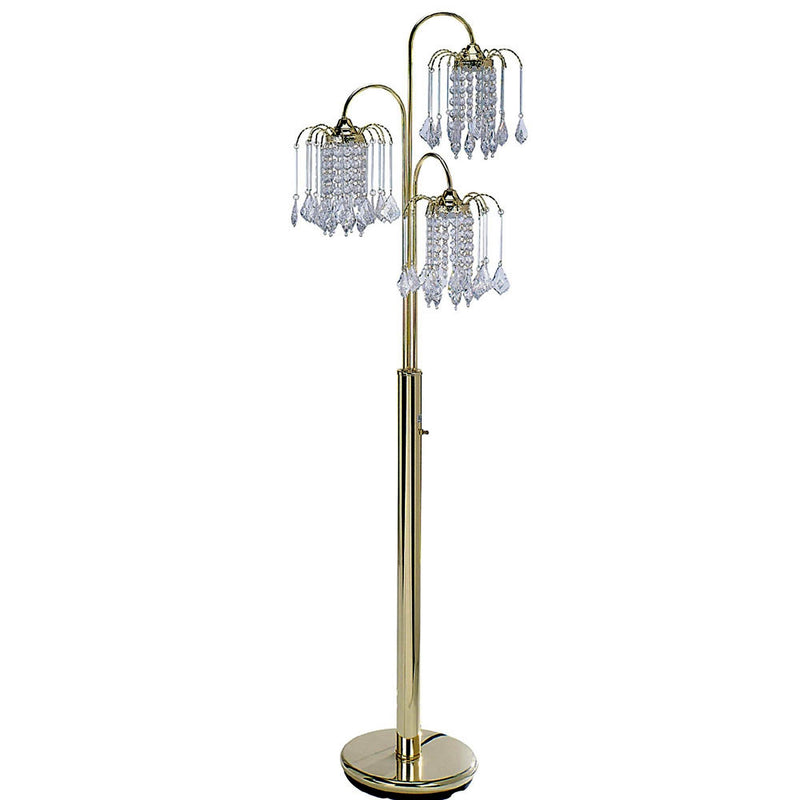 Three Lights Candelabra Floor Lamp With Clear Faux Crystal Shades - Gold