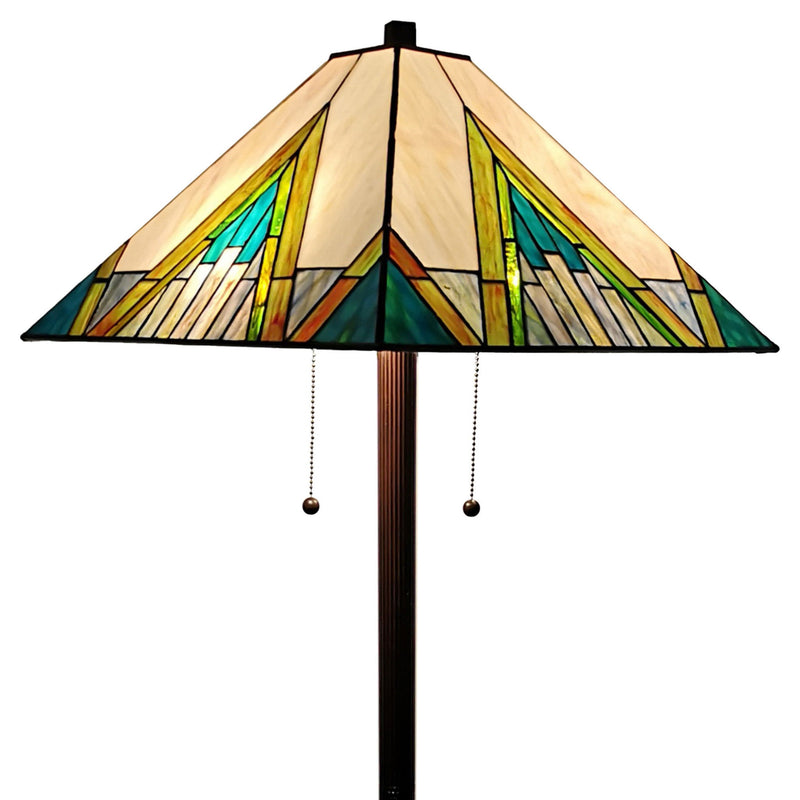 Two Light Traditional Shaped Floor Lamp With Beige Green And Blue Geometric Stained Glass Empire Shade - Brown