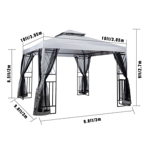 10' x 10' Patio Gazebo with Mosquito Net and Corner Shelves, Light Gray