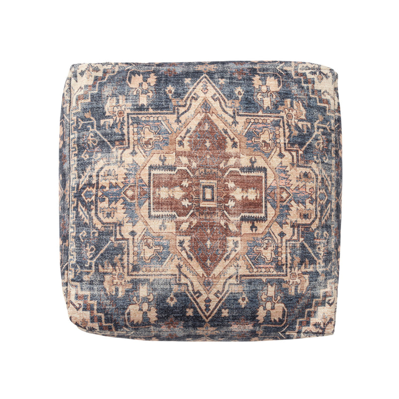 Upholstered Medallion Pouf Ottoman - Terra Cotta / Navy Blue