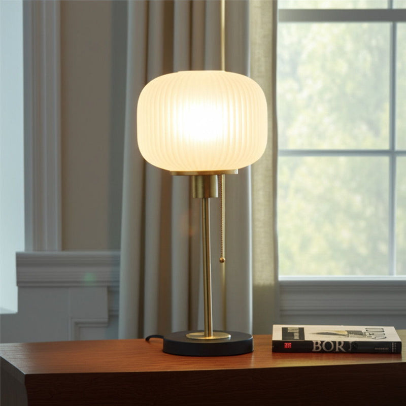 Table Lamp With White Ribbed Frosted Glass Dome Shade - Antiqued Brass