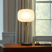 Load image into Gallery viewer, Table Lamp With White Ribbed Frosted Glass Dome Shade - Antiqued Brass
