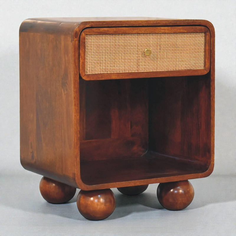 Solid Wood Cane Rattan One Drawer Nightstand - Chestnut