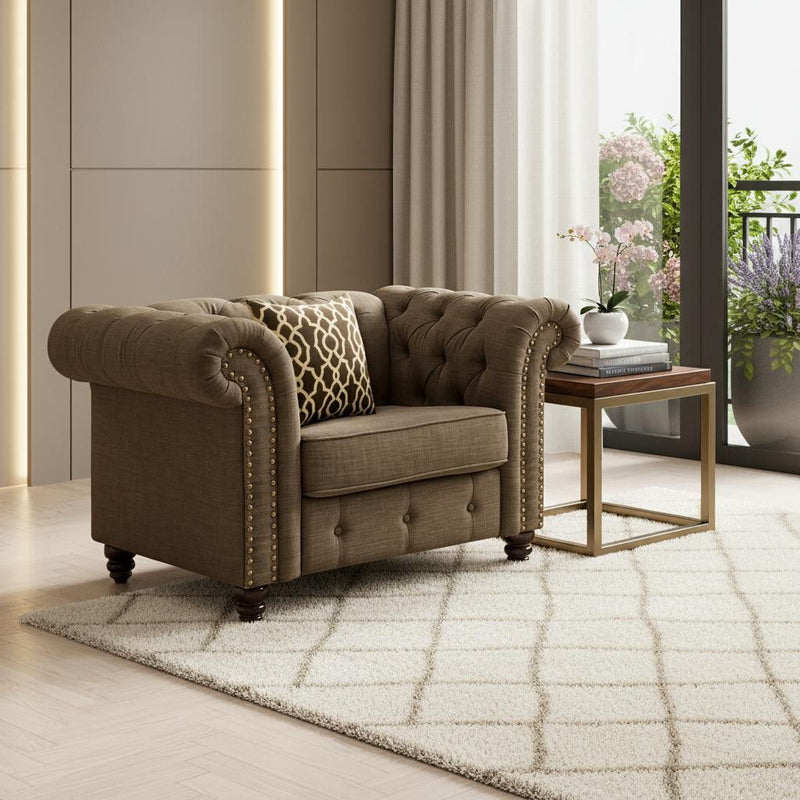 Linen And Black Tufted Chesterfield Chair - Brown