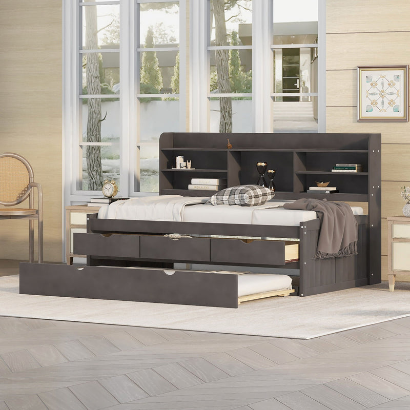 Captain Bed With Built In Bookshelves, 3 Storage Drawers, And Trundle