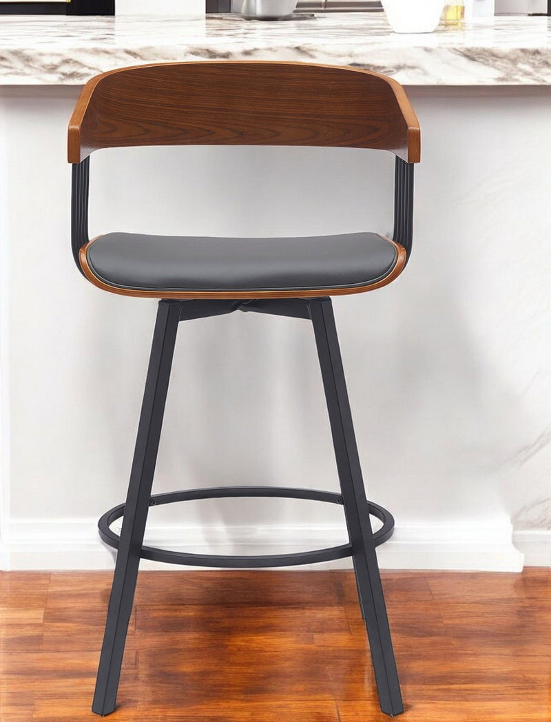 27" Faux Leather With Metal Swivel Counter Height Bar Chair - Gray And Black