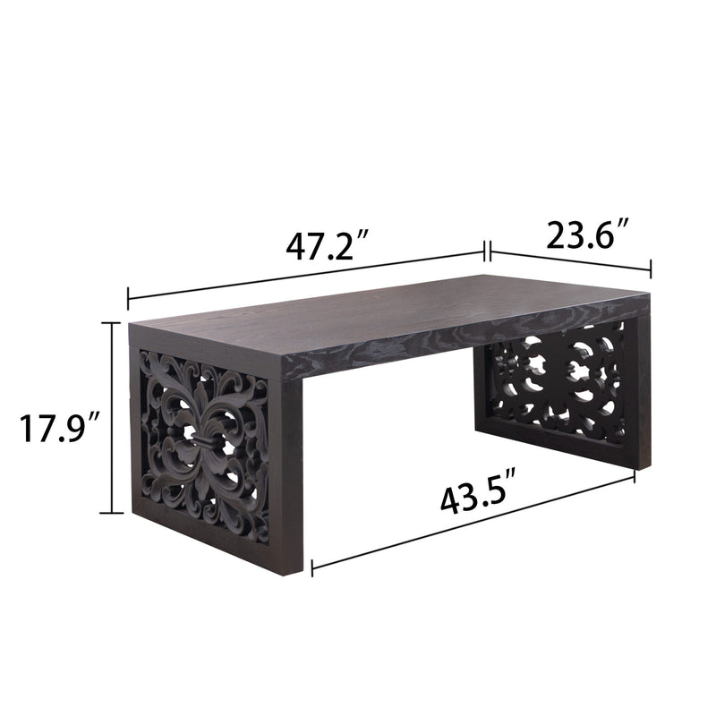 Rustic Carved Wood Coffee Table, Handcrafted Look With Ornate Side Panels
