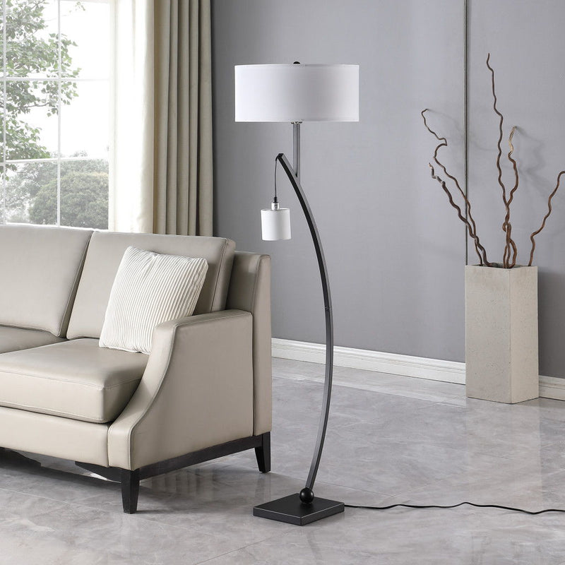 Dual Arc Floor Lamp With White Drum Shade - Matte Black