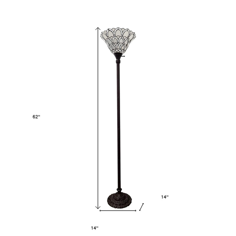62" Traditional Shaped Floor Lamp With White Stained Glass Bowl Shade - Brown