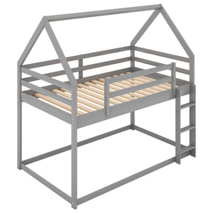 Twin over Twin Low Bunk Bed, House Bed with Ladder , Gray(OLD SKU:WF197808AAE)