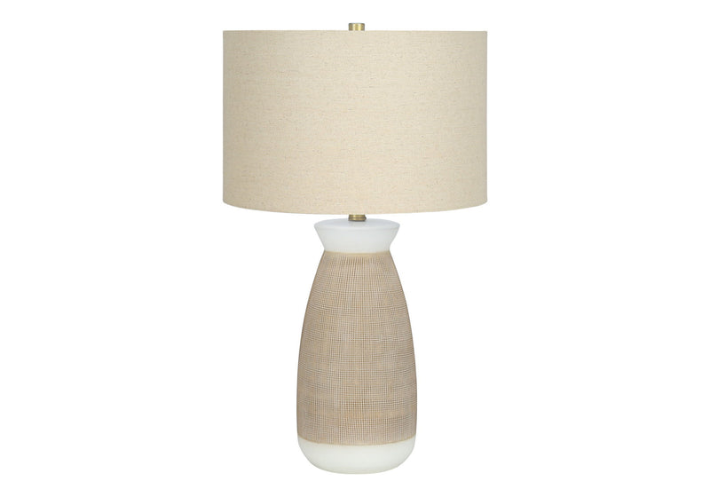 Ceramic Round Table Lamp With Beige Drum Shade - Brown And White