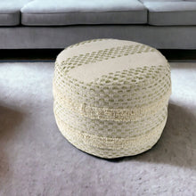 Load image into Gallery viewer, Cotton Blend Round Striped Pouf Ottoman - Ivory And Green
