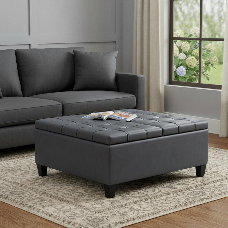 Leather Cocktail Ottoman With Storage - Gray / Espresso