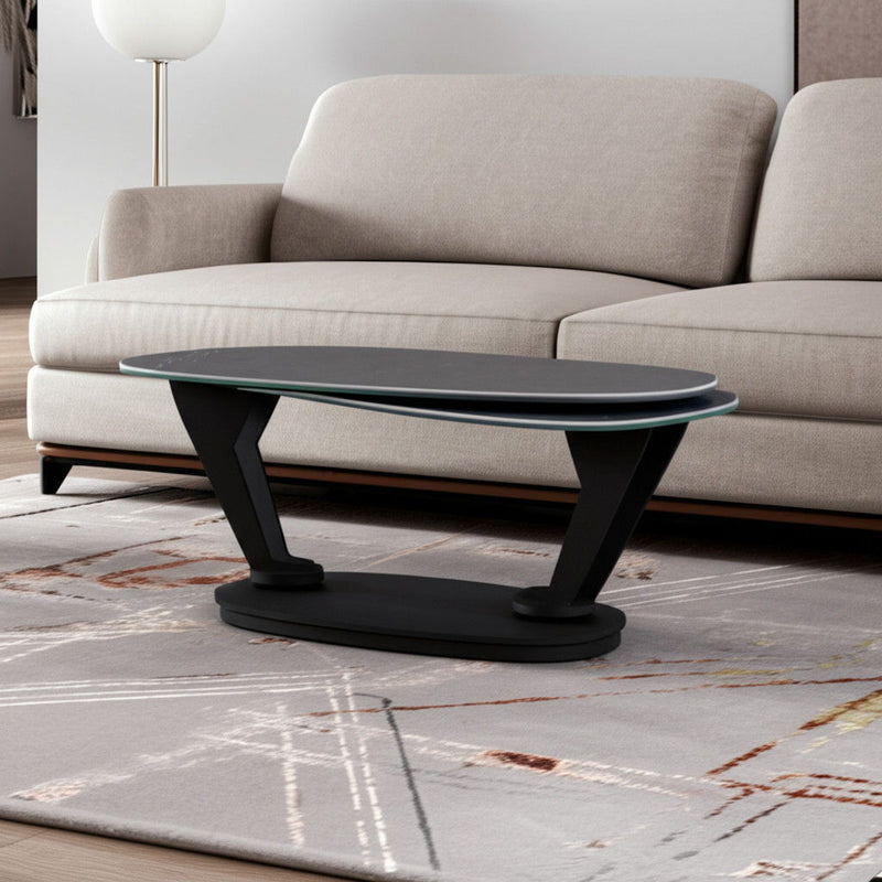 36" Faux Marble And Metal Oval Coffee Table - Gray And Black