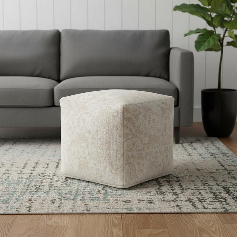 Fabric Damask Pouf Ottoman - Cream / Beige
