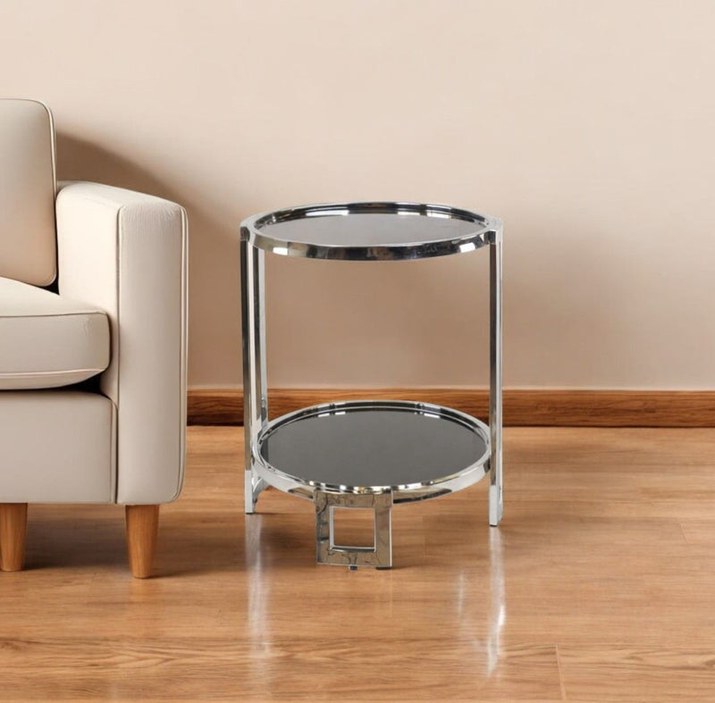 Glass Round Mirrored End Table With Shelf - Silver