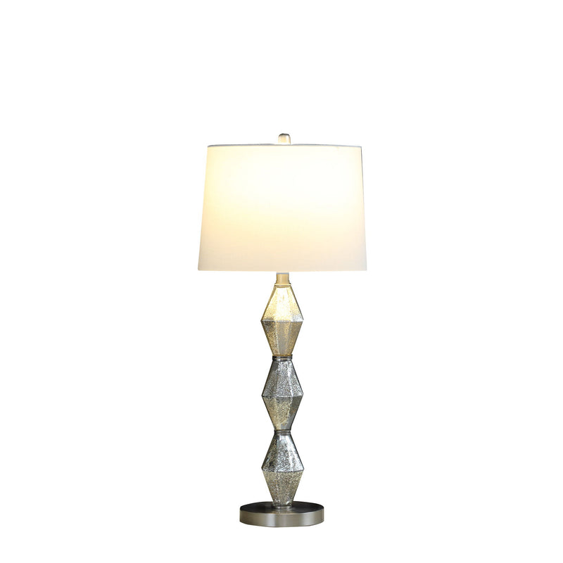 Geo Glass Table Lamp With White Shade - Brushed Silver