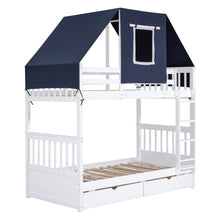 Load image into Gallery viewer, Twin Over Twin Bunk Bed Wood Bed with Tent and Drawers, White+Blue Tent
