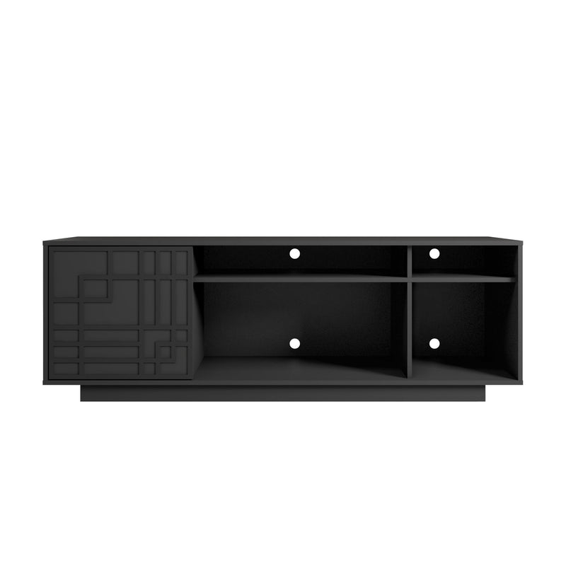 Carved Geometric Wood Enclosed Open Storage TV Stand - Black