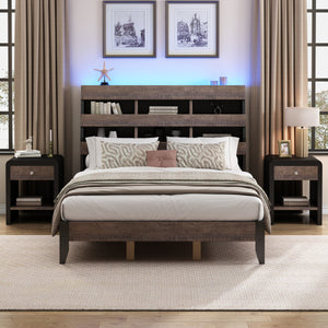 Mid Century Modern Style Queen Bed Frame with Bookshelf and LED Lights and USB Port, Walnut and Black