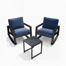 Load image into Gallery viewer, Outdoor Rocking Bistro Set Of 3, Oversized Rocking Chairs With Cushions And Side Table - Black / Blue
