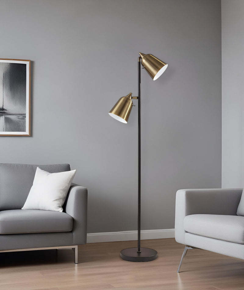 Two Light Floor Lamp With Antiqued Brass Cone Shades - Black