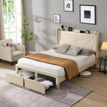 Load image into Gallery viewer, Full Size Bed Frame with 2 Storage Drawers, Upholstered Bed Frame with Wingback Headboard Storage Shelf Built-in USB Charging Stations and Strong Wood Slats Support, No Box Spring Needed, Beige
