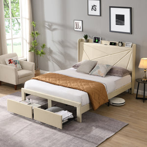 Queen Size Bed Frame with 2 Storage Drawers, Upholstered Bed Frame with Wingback Headboard Storage Shelf Built-in  USB Charging Stations and Strong Wood Slats Support, No Box Spring Needed, Beige