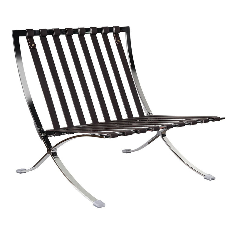 Tufted Genuine Leather Stainless Steel Folding Lounge Chair - Brown / Silver