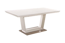Load image into Gallery viewer, 71" Wood And Metal Self-Storing Leaf Pedestal Base Extendable Dining Table - White
