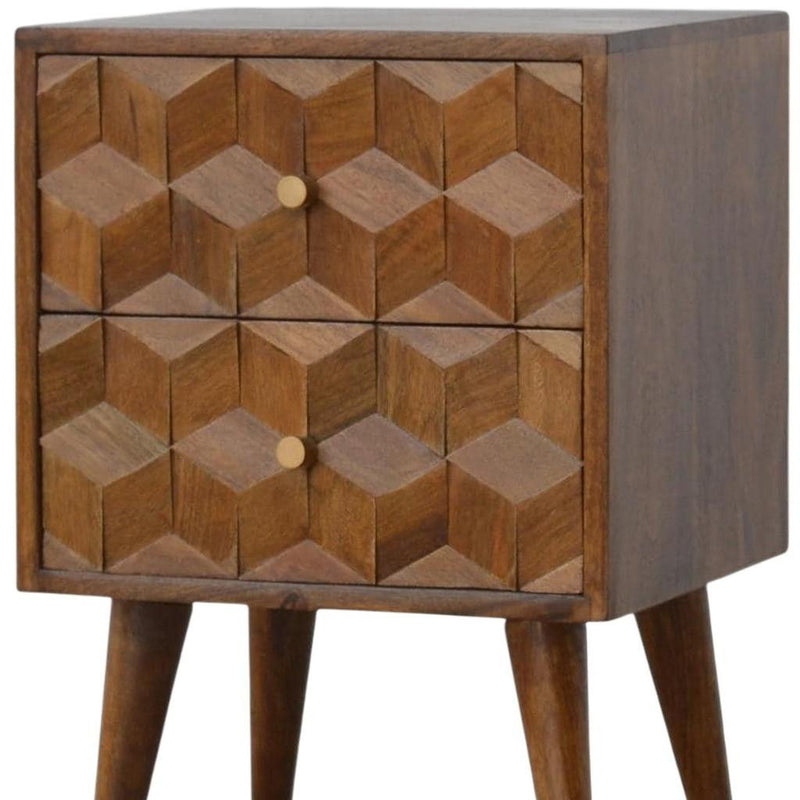 22" Wood Carved Geometric Two Drawer Nightstand - Chestnut
