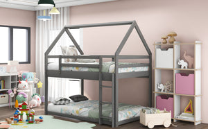 Twin over Twin Low Bunk Bed, House Bed with Ladder , Gray(OLD SKU:WF197808AAE)