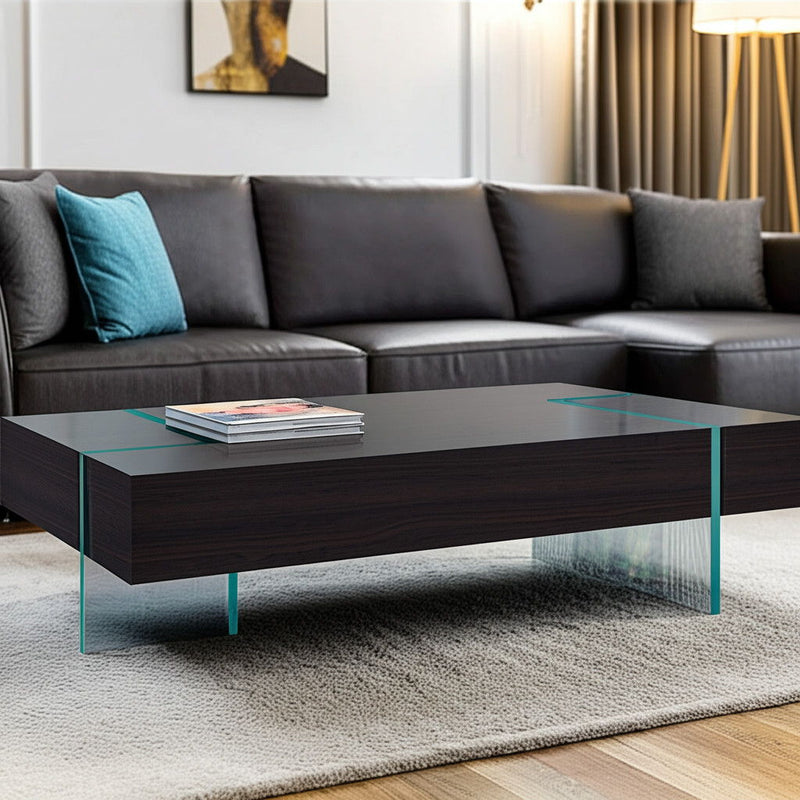 53" Contemporary Clear Wood And Glass Sled Coffee Table - Espresso