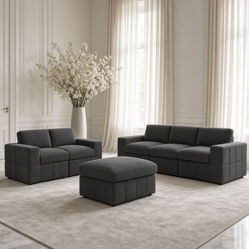 Oversized Modular Sectional Sofa Set With Loveseat & Ottoman, 6 Piece Living Room Furniture - Dark Gray