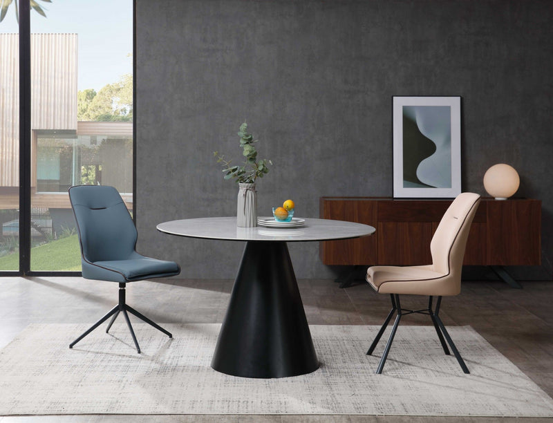 47" Rounded Stone And Iron Pedestal Base Dining Table - Gray