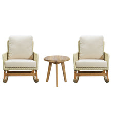 Load image into Gallery viewer, Cushioned Rattan Rocking Chairs With Wooden Accent Table Modern 3 Piece Outdoor Seating Set For Patio Relaxation - Ivory
