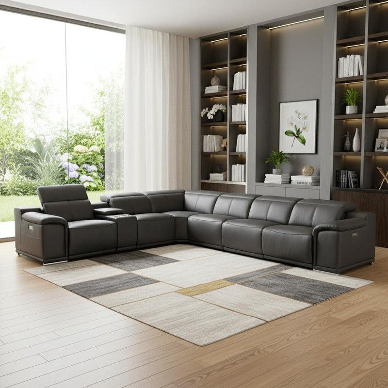 Italian Leather Power Reclining Seven Piece Corner Sectional With Console - Gray