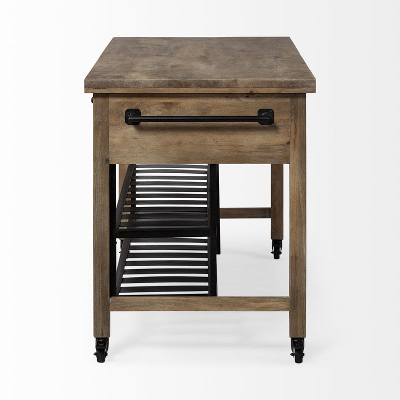 Solid Wood Top Kitchen Island With Two Tier Metal Rolling - Brown