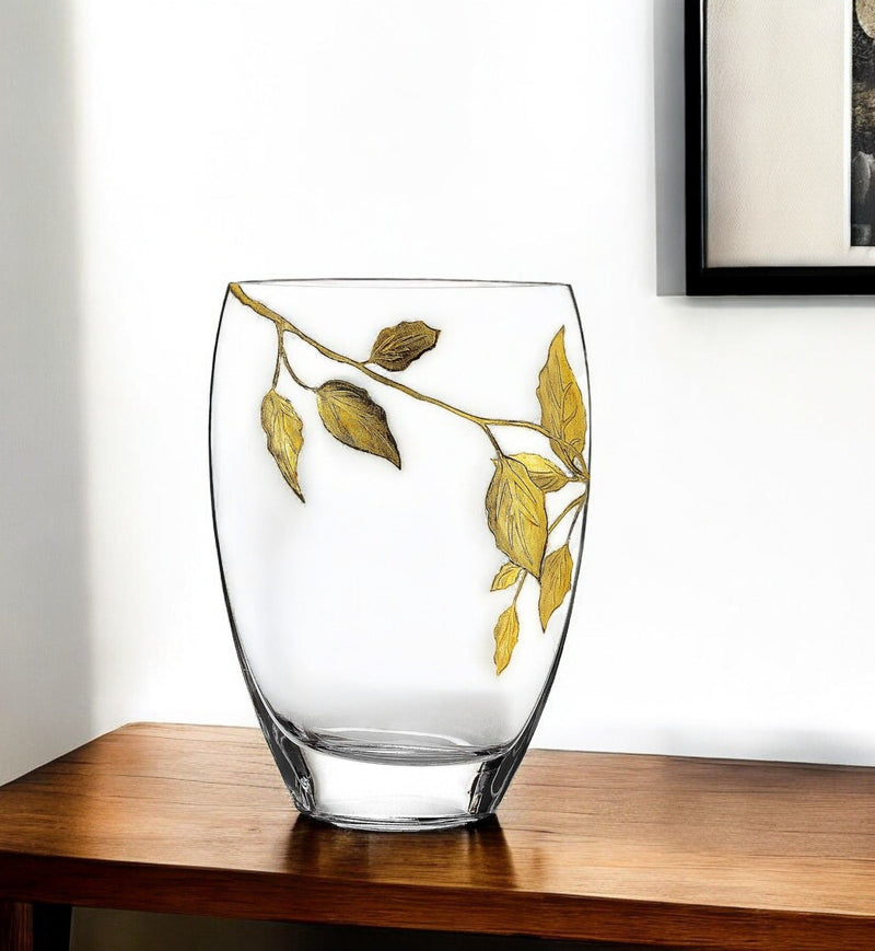 Leaves Oval Table Vase - Clear / Gold