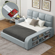 Load image into Gallery viewer, Queen Size Upholstered Platform Bed with Multimedia Nightstand and Storage Shelves, Gray
