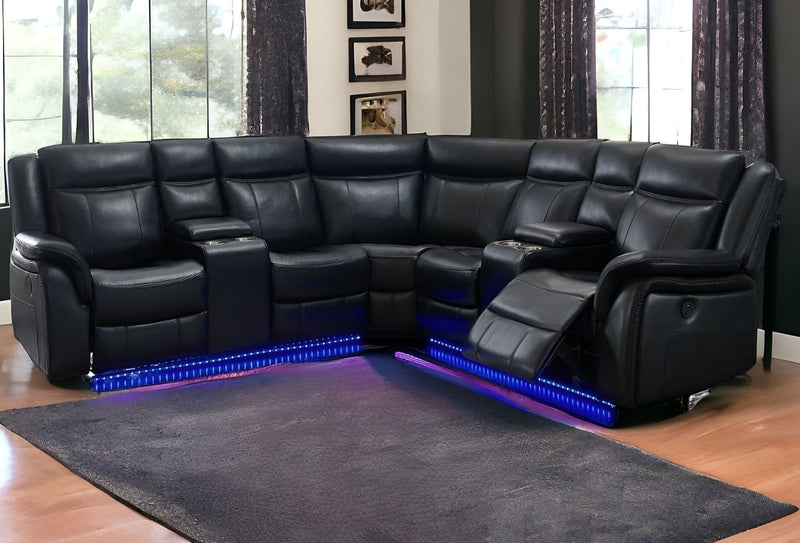 Polyester Blend Power Reclining L Shaped Three Piece Corner Sectional With Console - Black