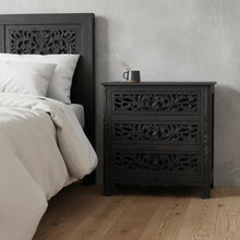 Load image into Gallery viewer, Three Drawer Floral Carved Solid Wood Nightstand - Distressed Black
