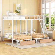 Load image into Gallery viewer, Full Over Twin &amp; Twin Bunk Bed, Metal Triple Bunk Bed with Drawers and Guardrails, White
