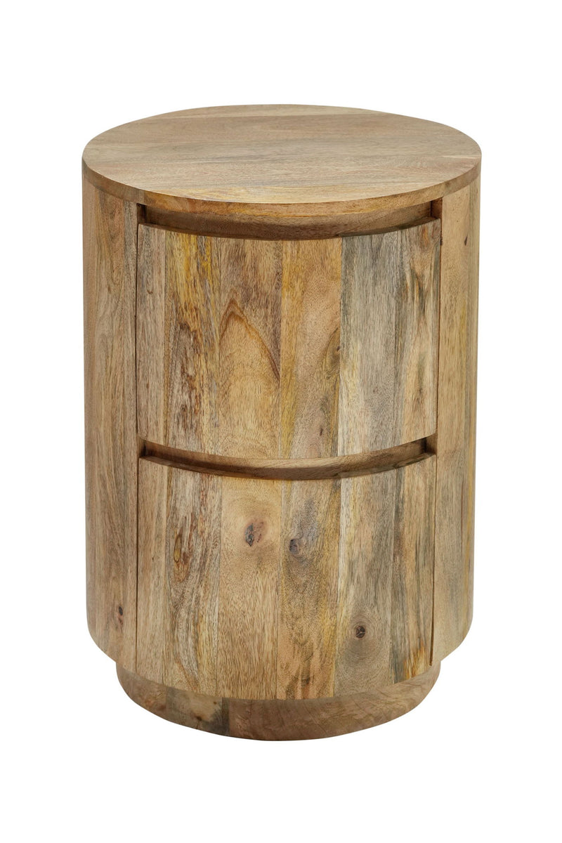 24" Solid Wood Round Drum End Table With Two Drawers - Natural