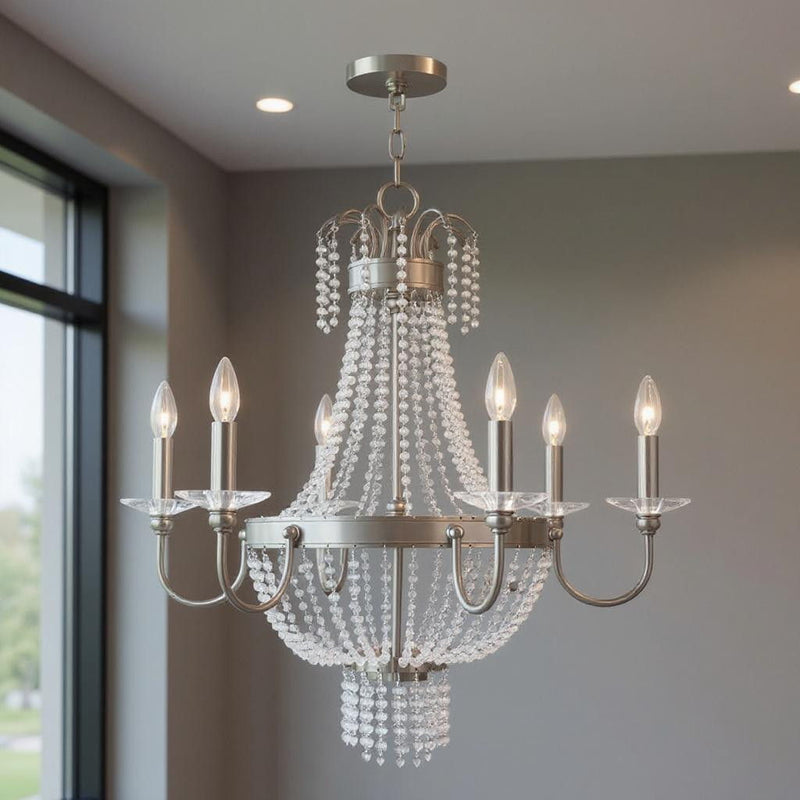 28" Six Light Metal Dimmable Chandelier With Shades - Nickel / Clear