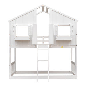 Twin over Twin House Bunk Bed with Roof , Window, Window  Box, Door , with Safety Guardrails and Ladder,White